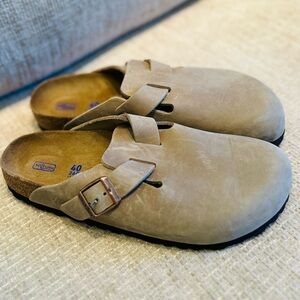 Birkenstock Boston 40 Narrow Taupe Soft Footbed Leather Upper Slip On Clog